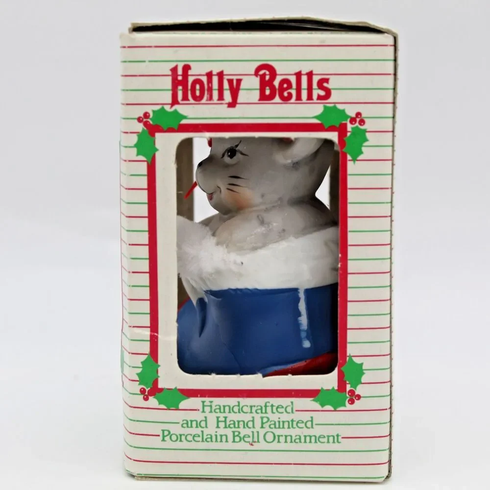 Holly Bells Porcelain Mouse Stocking Bell Ornament Vintage 1986 Original Box a